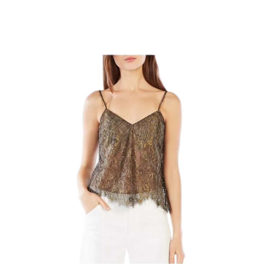 New BCBGMaxAzria Lace Tank Blouse Black and Gold, Large